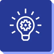 Icon of a light bulb with a gear inside, symbolizing innovation, on a blue background.