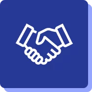 Icon of two hands shaking, symbolizing agreement or partnership, on a blue square background.