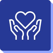 Icon of two hands holding a heart on a blue background.